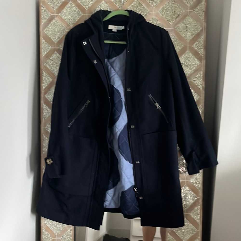 Boden size US14 navy long peacoat price includes heavy shipping .